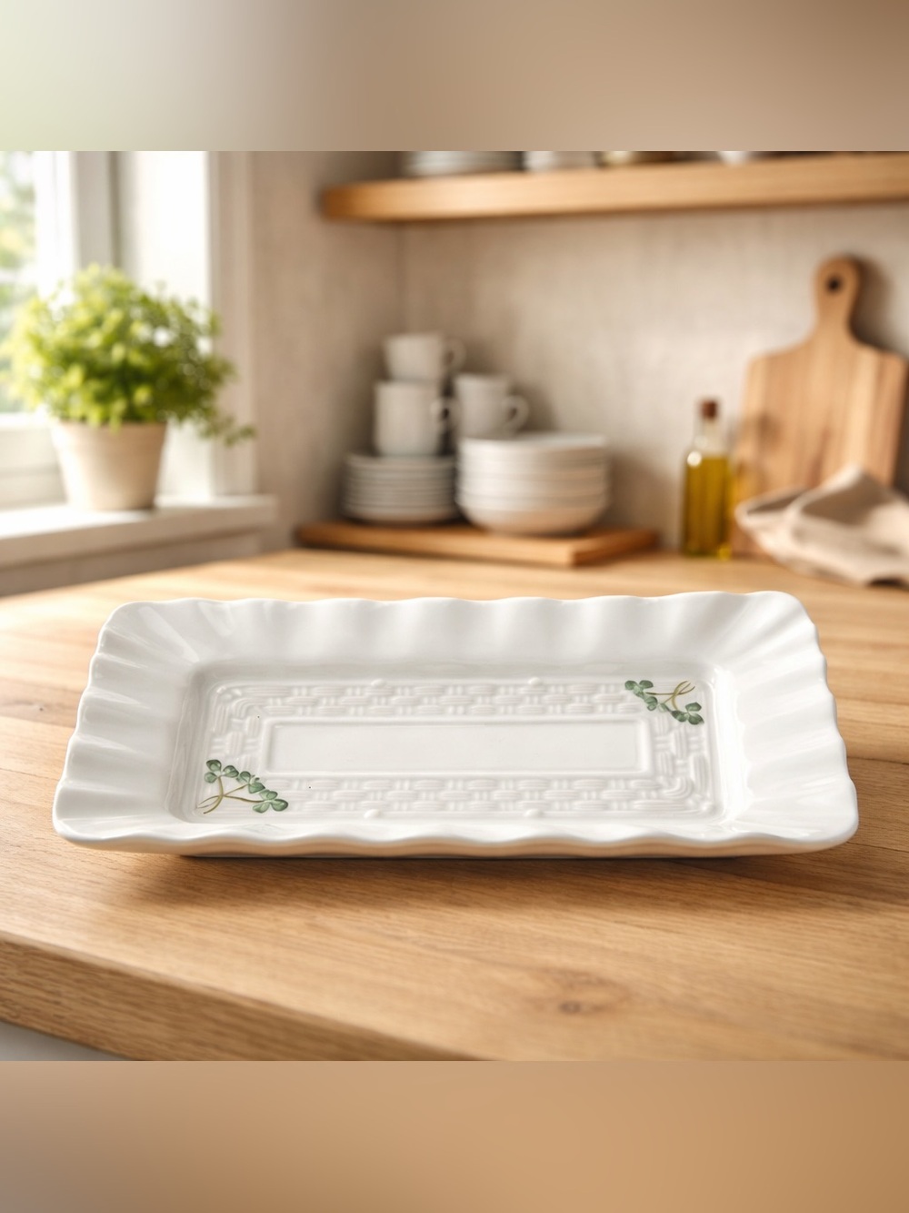 Belleek Parian China Shamrock Basketweave Sandwich Tray, Hand Painted, Ireland